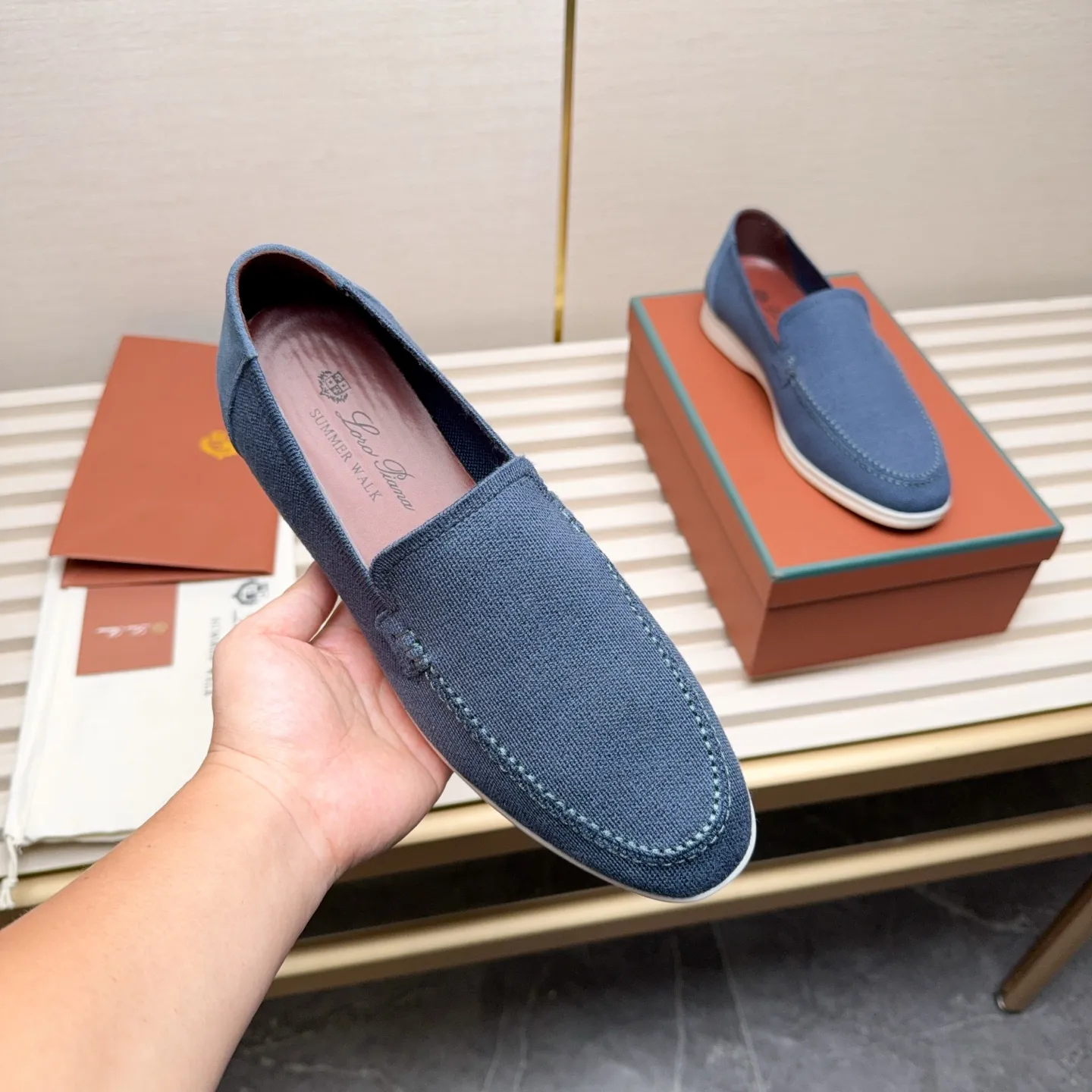 Men's Men's Shoes 💰400 Loro PIana moccasins are made of wish wool fabric. The upper is made of knitted fabric, made on a loom, and then attached to a rubber sole. The Rain System's water-repellent treatment enhances the shoe's functional design, while the suede details give the shoe a sense of elegance and sophistication. Made from Wish, fine wool from Australian and New Zealand Merino sheep